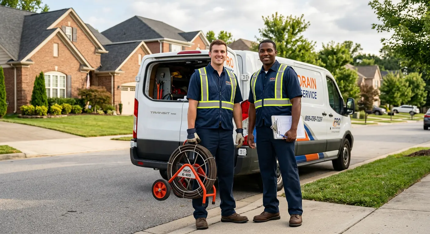 Sewer and drain service team with equipment ready for work in Raritan