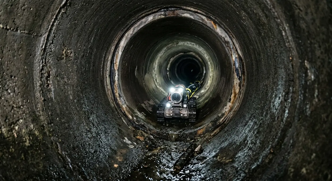 Robotic sewer camera inspecting pipe interior for Sewer Line Repair in Raritan
