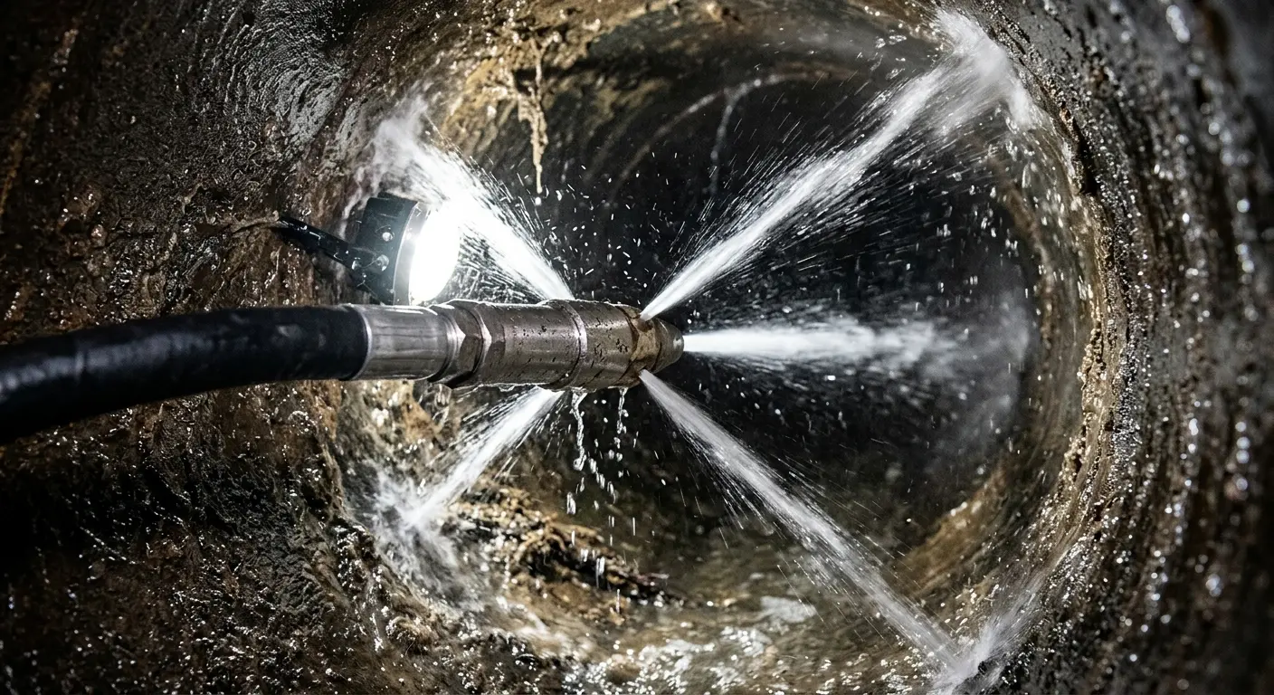 High-pressure hydro jetting nozzle cleaning sewer pipe for Trenchless Sewer Repair in Raritan