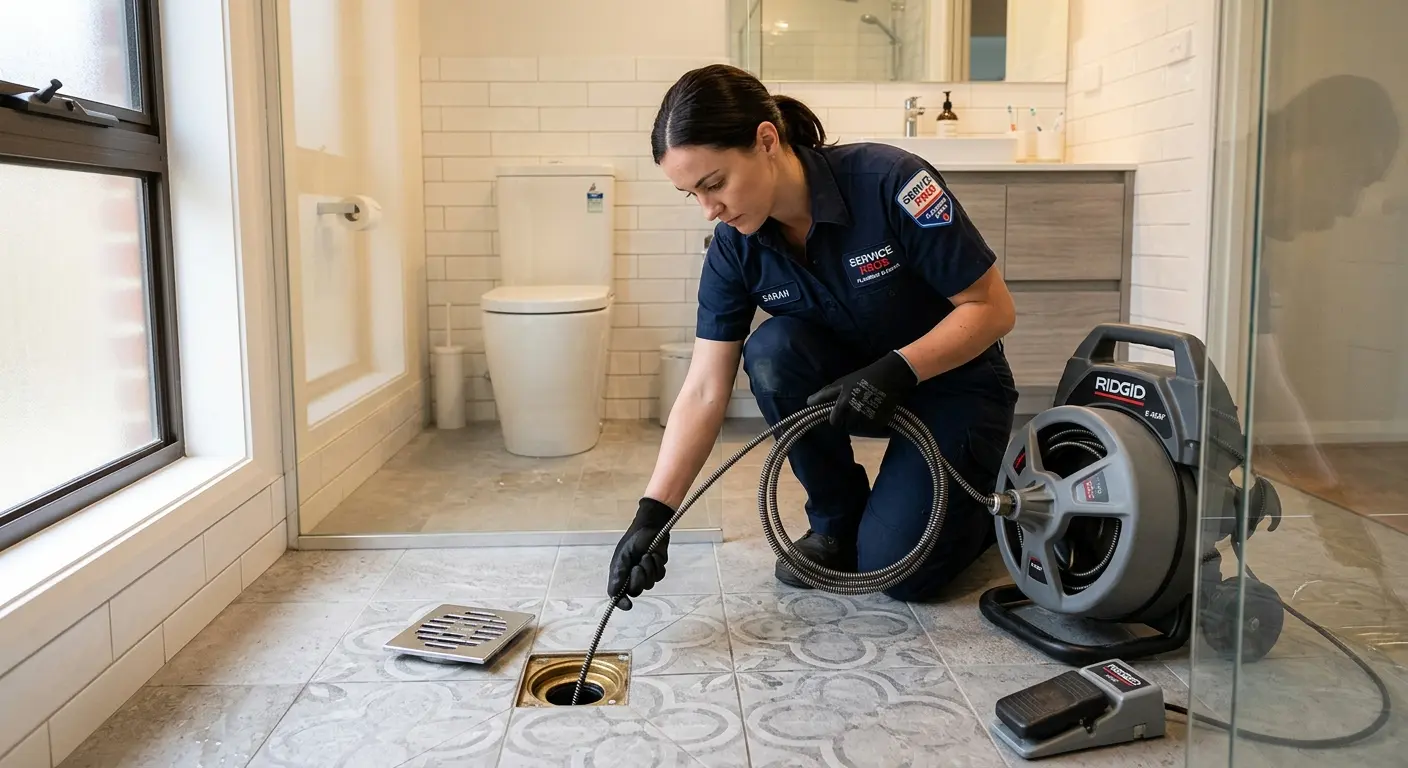 Technician clearing a bathroom floor drain for Clogged Drain Repair in Raritan
